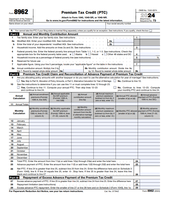 8962 Tax Form 2024
