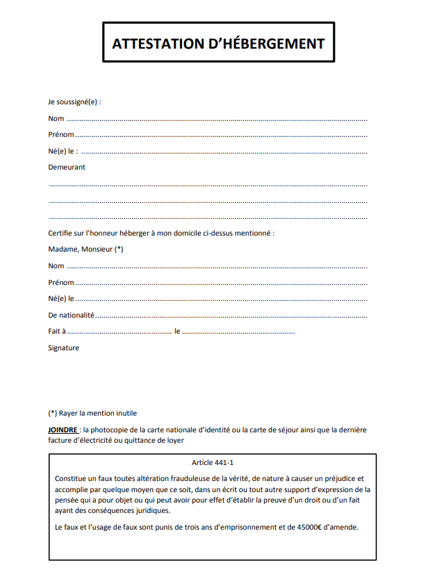 Attestation D’Hébergement