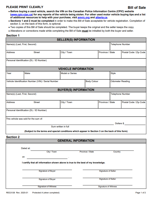 Bill of Sale Form Alberta 2025