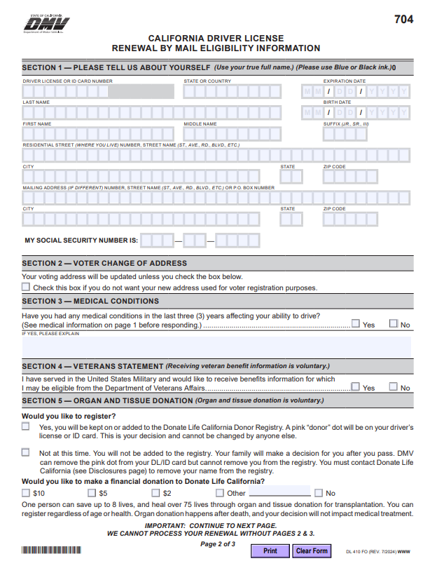 CA DMV DL 410 FO Form 2024
