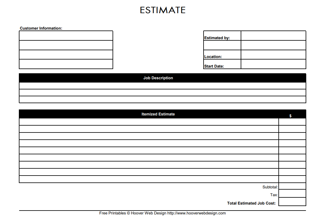 Job Estimate Form Template