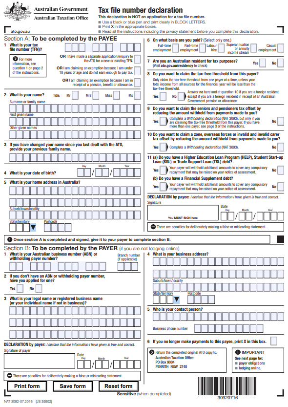 Tax File Number Declaration Form