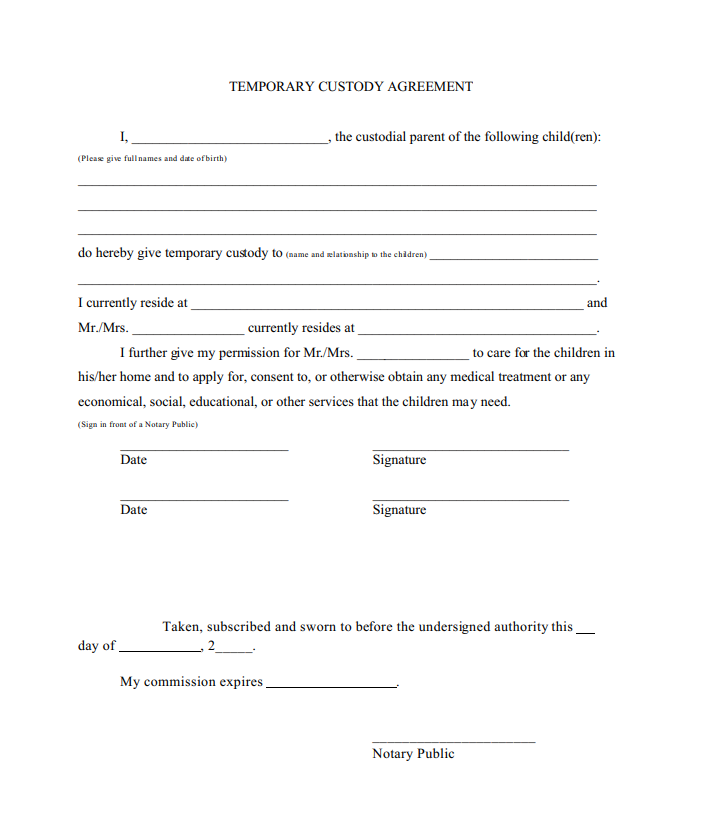 Temporary Custody Agreement Form