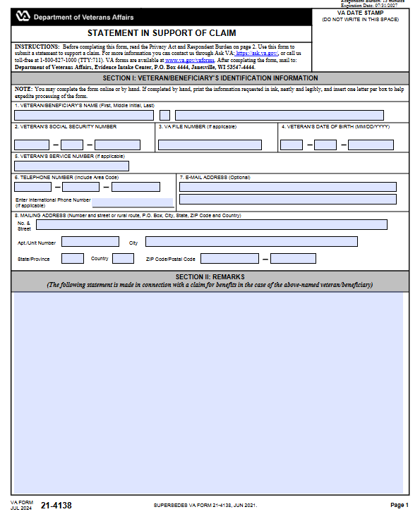 VA Form 21-4138