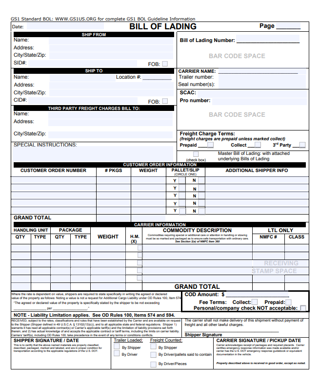 Bill of Lading Form