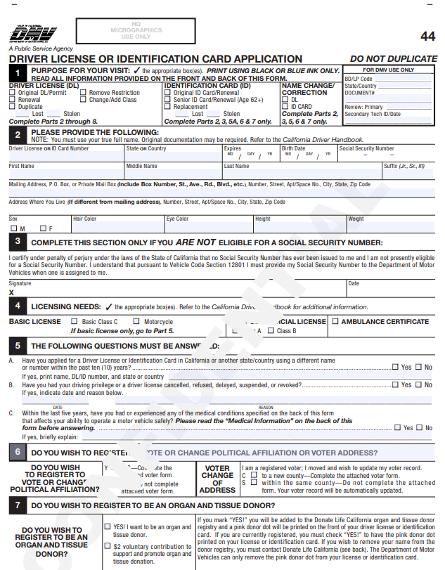 CA DMV DL 44 Form