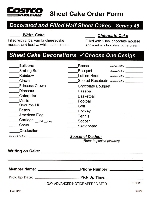 Costco Cake Order Form