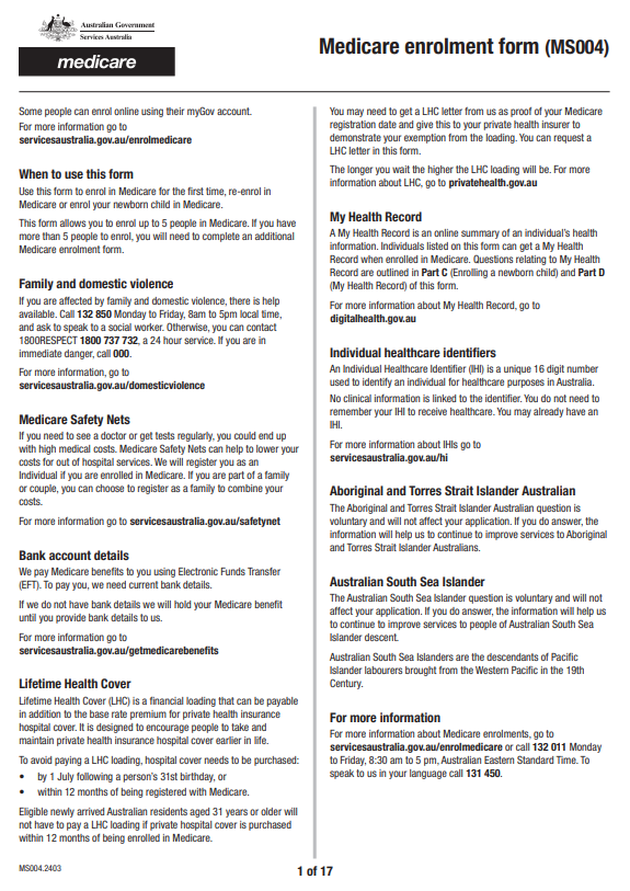 Medicare Enrolment Form (MS004)