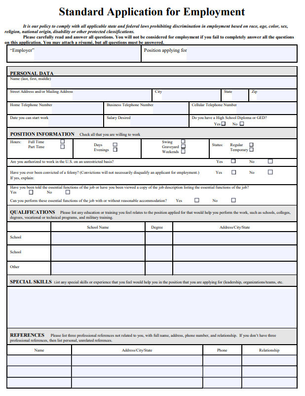 Application for Employment Form