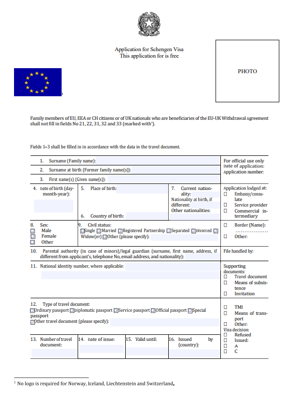 Italy Visa Application Form