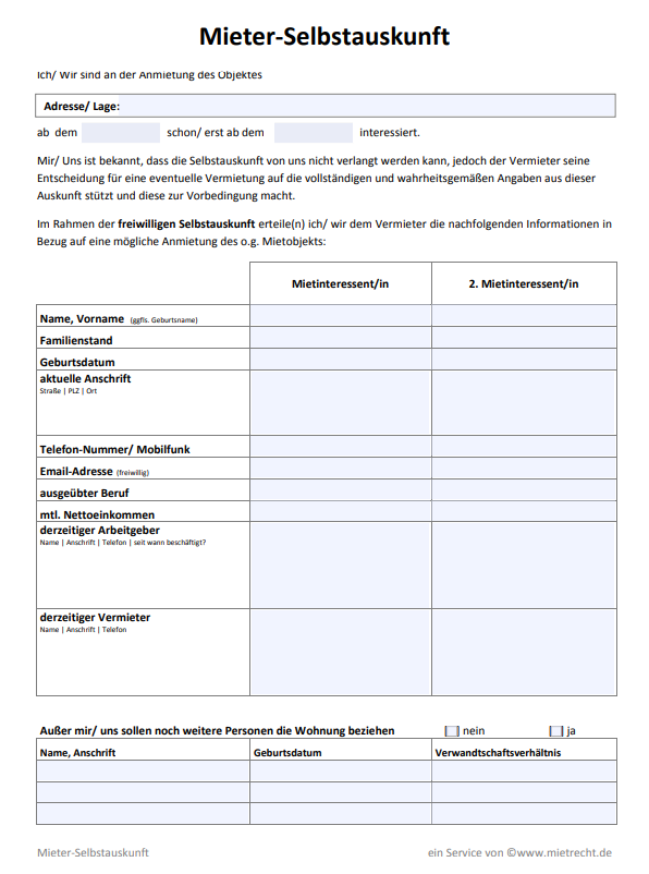 Mieter Selbstauskunft online ausfüllen