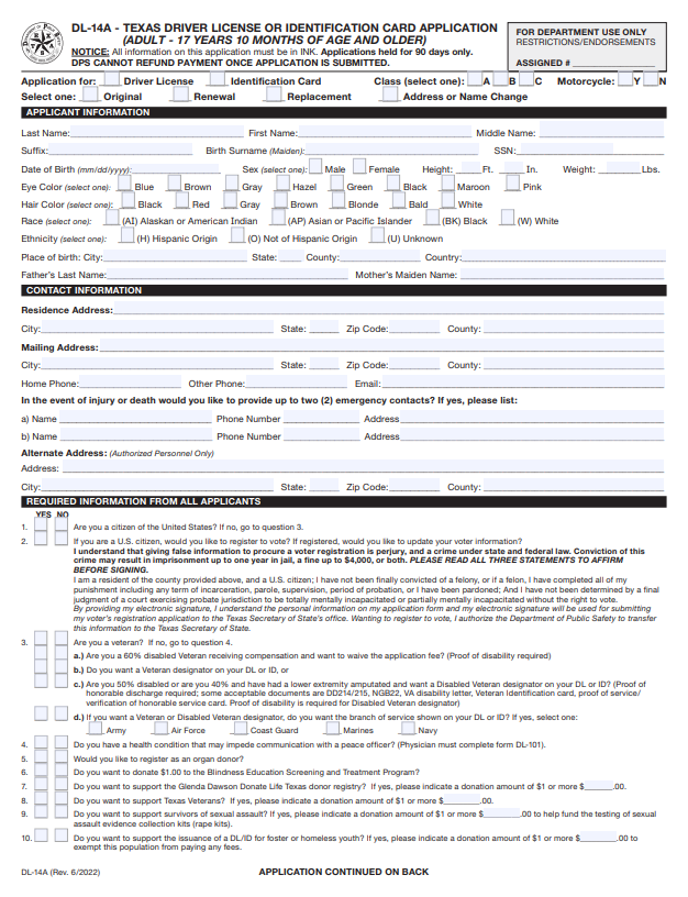Texas ID Card Application Form